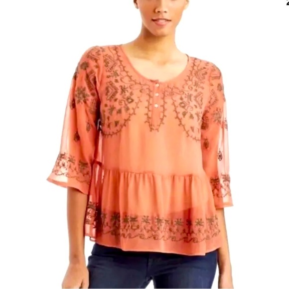 Free People Tops - Free People Pennies Sequel Embroidered Peasant Semi-Sheer Blouse Sz M